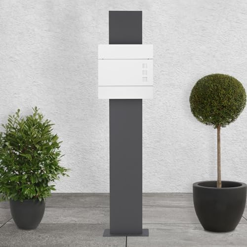 ECD Germany Standbriefkasten mit Zeitungsfach, Briefkasten Standfuß Freistehend, Briefkastenanlage, Briefkastenständer Anthrazit 170cm, Postkasten Weiß 37x10,5x36,5cm Edelstahl/Stahl Pulverbeschichtet