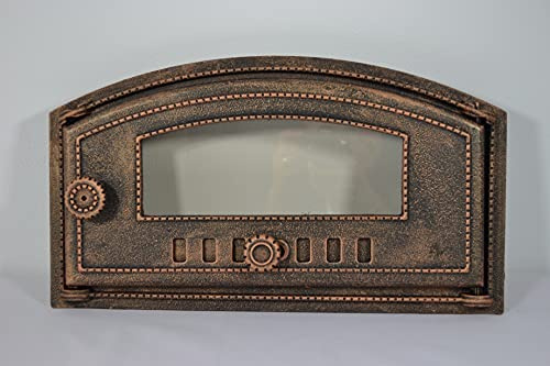 SEZAM Cast Iron Oven Door with Heat Resistant Glass Pane, Right Opening Pizza Oven Door, Bread Oven, 48.5 x 6.5 x 27.5 cm, Copper Colour Semi-Circular Paint