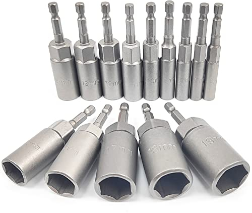 14 Pezzi Bussole per Avvitatore Bussole Esagonali, 6–19 mm Hexagon Nut Driver Drill Bit Approfondire 34mm, Attacco Esagonale da 1/4 per Trapani, Dadi e Adattatori per Bussole a Percussione