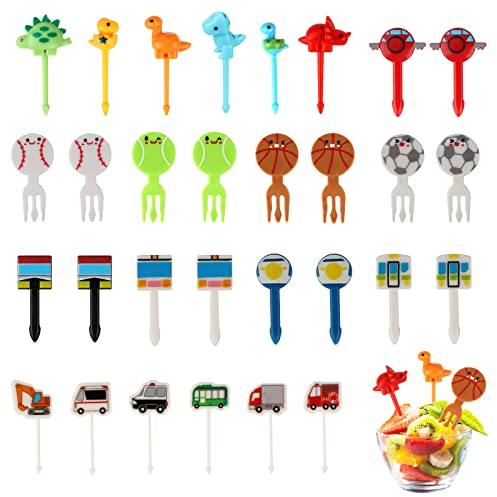 OOTSR Lot de 30 fourchettes à fruits pour enfants, mini cure-dents réutilisables en forme de dinosaure, pour cupcakes, desserts, fêtes d'enfants, boîte à déjeuner, couleur aléatoire