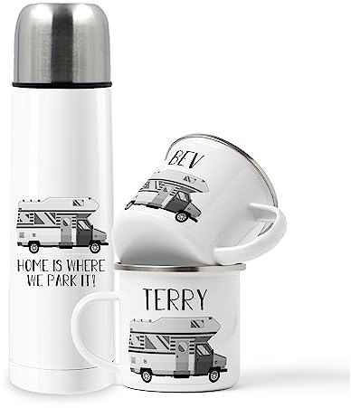 Personalised Motorhome Flask and Mug Set, Motorhome Gift, Flask, Caravan Gift, Adventure Summer Gift