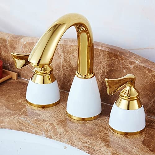 ADITAM Waschbecken Wasserhahn 3-teiliges Set Badewannenarmatur, Deckmontierter Gold-Luxus-Badewannenmischer, 3-Loch-Badarmatur-Set, Waschbeckenarmatur, Waschtischarmaturen (Color : 01) Double The