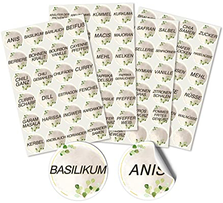Selbstklebende Gewürzetiketten, WHFGSOM 96 Stück Gewürze Etiketten 4 Blätter Runde Aufkleber Sticker für Gewürzgläser Vorratsgläser (Φ4cm)