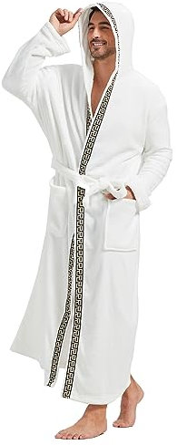 FashGudim Herren Kapuzenplüschbademantel in voller Länge. Flauschiger Bademantel für große und kräftige Männer. Warme Fleece-Bademäntel (Weiß & schwarzer Besatz, XXL)