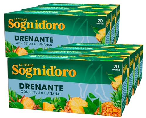 Sognid'oro Tisana Drenante Infuso con Estratti Naturali di Betulla Ananas Guaranà Citronella Camomilla Ortica Gramigna - 7 Confezioni da 20 Filtri