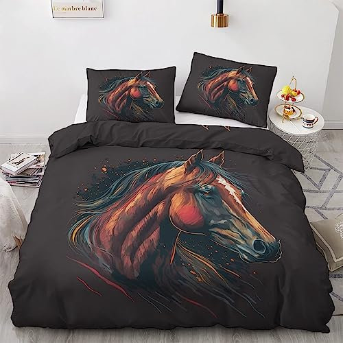 Bettwäsche 155x220cm Pferd Bettbezug Set 3 Teilig Nutztier Pferd Einzelbett Bettbezug Weiche Microfaser Wendebettwäsche Mit Reißverschluss und 2 Kissenbezug 80x80cm