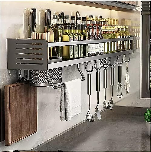 Ganekihedy Porte-épices,Support Rangement Ustensiles de Cuisine Mural avec 6 crochets amovibles,Étagère de Cuisine Porte-Casserole Murale Sans Perçage,Aluminium, Antirouille,50x13x10cm