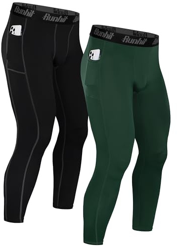 Runhit Compression Pants Men Running Tights Leggings Athletic Workout Gym Pants, 2 Pack With Pocket :Black & Green, 3X-Large