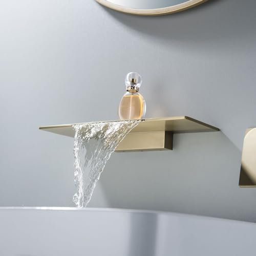 Miscelatore Lavabo Bagno A Muro Monocomando Per Lavello 2 Fori Rubinetto A Cascata Lavabo Mix Caldo E Freddo Ultrasottile Antispruzzo,Oro Spazzolato