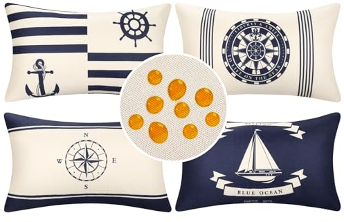 Cheekywares 4er Set Kissenbezug Kissenhülle Frühling Sommer wasserdichte Leinen Seefahrt Segeln Kompass Anker Ruder Sofakissen Deko Kissen Bezug Auto Home Bed Büro Cafe Garten Outdoor 30 x 50 cm