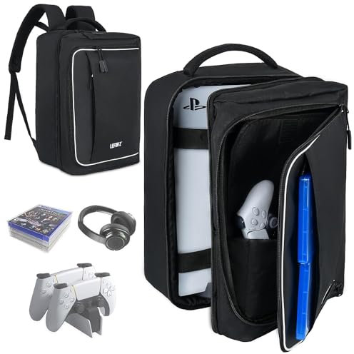 IVODEELA Sac à Dos de Voyage pour Console PS5,Sac PS5 Slim Transport,Sac de Rangement pour Manettes PS5,Disques de Jeu,Accessoires de Chargeur,Manettes,Moniteur,Ordinateur,Casque,Noir