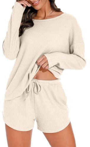 PrinStory Damen Schlafanzug Langarm Pyjama Set Waffelstrick Nachtwäsche Rundhals Oberteil Und Pyjamahose (Haferflocken, L)