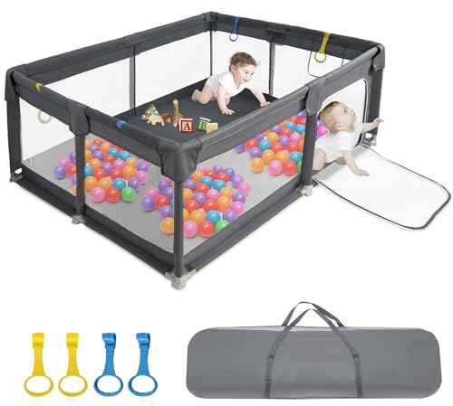 IBVIVIC Laufstall Baby Laufgitter 150x180cm, Playpen Baby 300D Oxford Gewebe mit Atmungsaktivem Netz Rutschfester Basis, Kinderzaun für Säuglinge Kleinkinder, Dunkelgrau