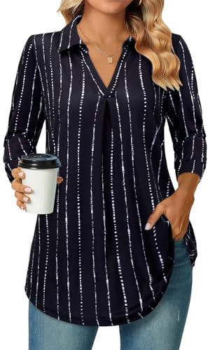 Siddhe Bluse Damen Elegant Tunika Tops 3/4 Ärmel Oberteile V-Ausschnitt Lockere Arbeits Tops Lässige Longshirt A-Linie Damenblusen Shirt Weiche Mode Flowy Schwarz Gestreift Hemd, XL