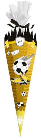 itenga Bastelschultüte Fussball - SCHULTÜTEN Bastelset FUSSBALL SCHWARZ GELB 68cm - 3D Wellpappe - für Fussball Fans in den Farben deines Lieblingsvereins (Schultüte gelb)