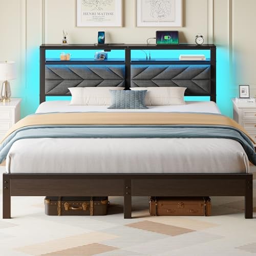 Seventable Kingsize-Bettgestell mit Ladestation, LED-Bett mit gepolstertem Kopfteil, Plattformbett aus Metall mit Stauraum unter dem Bett, kein Boxspringbett erforderlich, geräuschlos, Montage