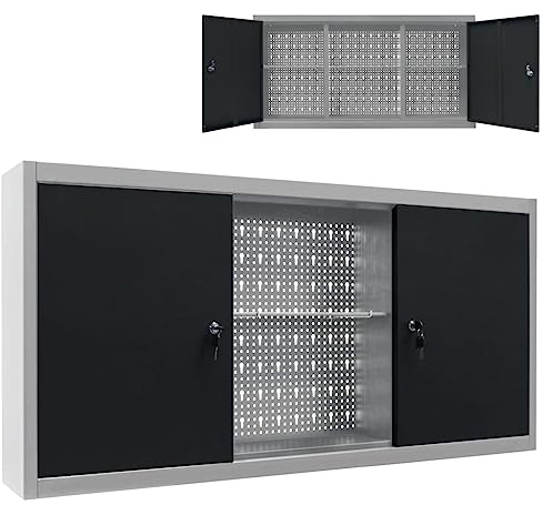 Makastle Metall Hängeschrank, 2 Abschließbare Türen, 3 verstellbaren Fachböden, Werkstattschrank, zur Wandmontage, Werkzeugschrank, Stahlschrank, Grau und Schwarz 120 x 19 x 60 cm