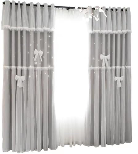 Beydodo Vorhänge Blickdicht mit Ösen 107x132CM, Gardinen Verdunklung 2er Set Doppellagig mit Voile Sternen Motiv Verdunkelungsvorhang Kinderzimmer Schlafzimmer Grau