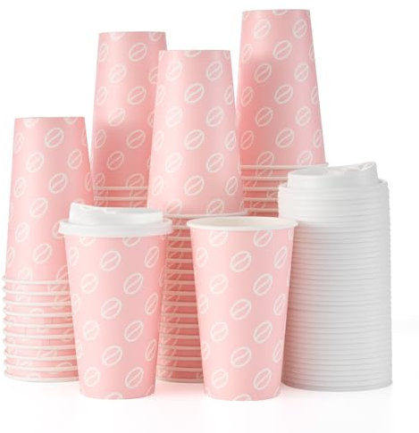 Tamone 100 PACK 16OZ Disposable Coffee Cups with Lids Leak Proof, To Go Coffee Cups with Lids, Pink Paper Cups for Cold/Hot Coffee Beverage Chocolate Cocoa for Valentine's Home Office Party