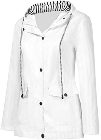 Waterproof Jackets Womens Lightweight Hooded Rain Jacket Long Sleeve Sunscreen Zip Outdoor Windbreaker Plus Size Breathable Casual Raincoat Solid Sports Jacket Coat with Pocket (White, L)