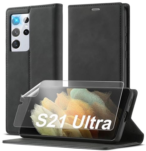 Ailicici für Samsung Galaxy S21 Ultra - Leder Hülle mit Schutzfolie und Flip Wallet Case
