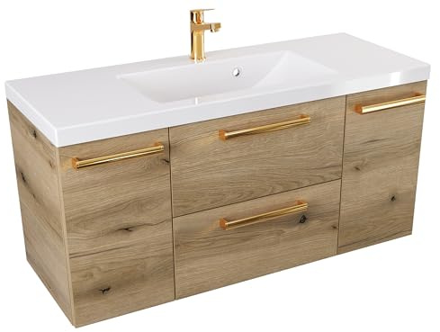 Furni Hängeschrank mit Waschbecken ATHD 100 cm D - Eiche Evoke Coast Matt - Polierte Goldgriffe