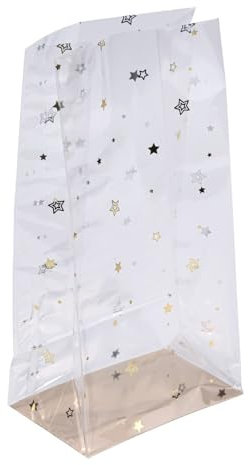 Ideen mit Herz Blockbodenbeutel | Folien-Druck gold | elegante Geschenk-Verpackung | Keks-Tüte | lebensmittelecht | 12 cm x 8 cm, 25 cm | 30 Stück (Sterne)