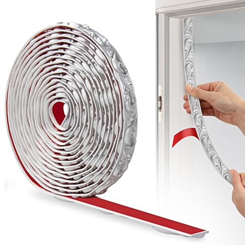 JUNART Bande Décorative en PVC, 600cm×2cm, Bordure de Papier Peint 3D, Frise Murale Adhesive, Convient our les Linteaux, les Plinthes, les Armoires, les Revêtements Muraux (Argent)