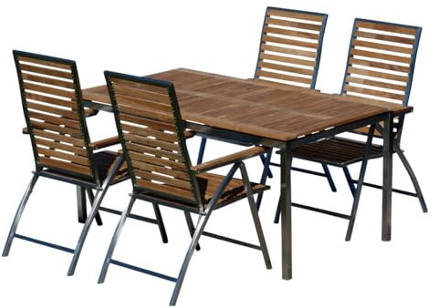 ALEOS. Gartengarnitur Edelstahl Teak Set: Tisch 160x90 cm + 4 Teak-Edelstahl Hochlehner, Sitzgruppe A-Grade Teak Holz - Gartenmöbel Set 4 Personen Gastronomie Qualität