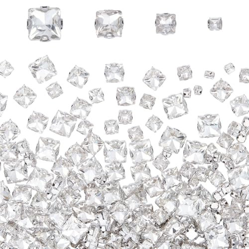 OLYCRAFT 200 Stück 4 Größen Quadratisches Kristallglas Silberne Krallen Strasssteine 4 Löcher Klare Facettierte Glas Strass Fassungen 4/7/9/11mm Zum Aufnähen Kristallweiße Strasssteine