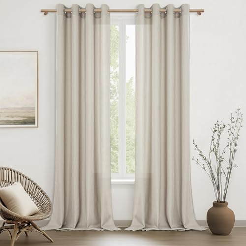 MRTREES Vorhänge mit Ösen Beige Leinenoptik Halbtransparent für Schlafzimmer 2er Set, Gardinen Schal Leinen 245 cm Lang 140 cm Breit, Luftiger Vorhang Wohnzimmer Fenster Curtains Living Room