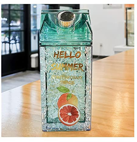 IWENZHKPA Bouteille Eau 430 Ml Kawaii Icy Été Bouteille D'eau En Plastique Cerise Fraise Tasse À Boire Avec Paille Jus Lait Bouteilles De Voyage Gourde D'Eau Fitness(Grapefruit)