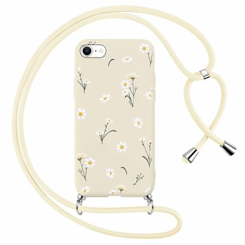 Yoedge Handykette Handyhülle für iPhone 16e/SE 4/SE 2025 6,1 Hülle mit Band Einstellbar zum Umhängen Kordel Aesthetic Case mit Blumen Muster, Weich TPU Silikon Stoßfest Schutzhülle Cover, Weiß