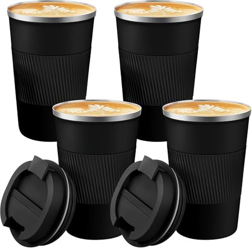 LYCN 4 Pack Travel Coffee Mugs, Reusable Insulated Coffee Cup with Spill Proof Leak Proof Lids, 380 ml / 13 oz Stainless Steel Vacuum Coffee for Camping Hot and Cold Drink (Black)