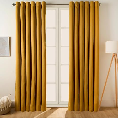 Dreamscene Blackout Curtains Eyelet, Thermal Curtains for Living Room Bedroom Office Soft Modern Decorative Extra Wide Curtain for Winter, 90x90” - Ochre