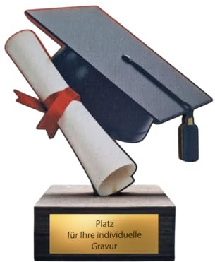 Studienpokal 13 cm Holz Trophäe mit Gravur - Abschluss-Motiv Hut & Diplom | Personalisierbarer Award aus 8 mm Birkensperrholz, 100 g schwer, ideal für Schulabschlüsse und Zeugnisfeiern als Motivation