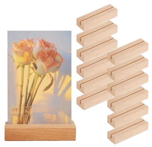 FeiOne 12 Stück Kartenhalter Holz, tischkartenhalter, postkartenhalter, menükartenhalter, fotohalter holz für Heim, Kaffeebar, Laden, Hochzeits und Postkarten (Holzfarbe)