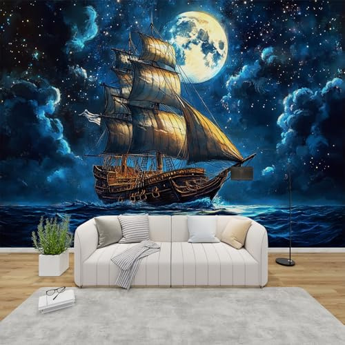 PaxGloz Fototapete Segelschiff Sternenhimmel Mond Meer Tapete Fantasie Maritim Tapeten Vliestapete Modern Wandtapete Wohnzimmer Schlafzimmer Kinderzimmer Wanddeko Motivtapeten 200 x 140 cm (B x H)