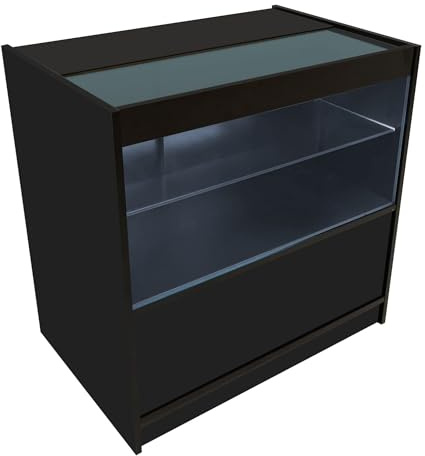 Black Shop Counter LED Light C 900mm Lockable Sliding Doors 2 Keys Retail Storage Unit Display Showcase Cabinet Reception Desk Clothing Jewellery Store 3 Shelves 2 Glass 1 Enclosed White Lighting