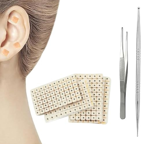 Akupunktur Ohrsamen & Ohr-Aufkleber, 600 Stück Akupressur-Set (Mit Akupunkturstift, Ohrpunktdiagramm Und Pinzette Für Ohrakupunktur-Massage - Einfache Anwendung Bei Verschiedenen Beschwerden)