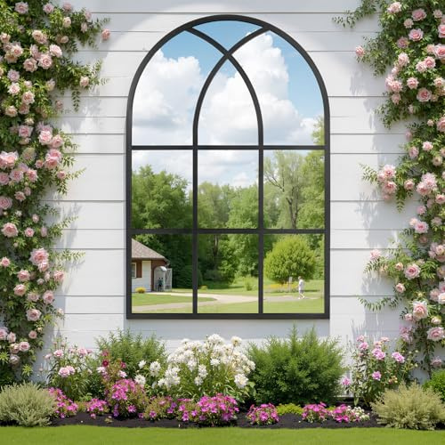 Reflix Specchio ad arco per finestra, 75 x 120 cm, specchio da parete per decorazione giardino all'aperto, specchio ad arco gotico invecchiato con cornice in alluminio per corridoio, soggiorno, camera