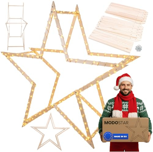 MODO24 DIY Stern MODOSTAR 3D Weihnachtsstern Set aus FSC Holz, Sternabmessungen: 189 cm, zum Aufstellen im Garten & Terrasse, Naturholz, faltbar & stabil, Weihnachtsdeko, Farbe: Natur unbehandelt