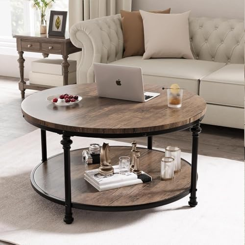 OPULENTHOME Grande Table Basse Ronde en Bois Massif, Table de Salon Vintage Rétro en 2 Niveaux,End Table,Table d'Appoint avec 4 Pieds en Colonne pour Salon, Séjour,Bureau - 72x72x48cm (Brun Clair)