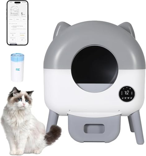 Selbstreinigende Katzentoilette, 76L Katzenklo Selbstreinigend, APP-gesteuert, Sicherheitssensoren, Geruchskontrolle, Automatische Katzentoilette für Mehrere Katzen, LED-Nachtlicht,1 Rolle Müllbeutel