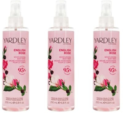 Yardley London English Rose Moisturising Body Mist, 95% Natural, Vegan and Cruelty Free, 200ml, Pack of 3