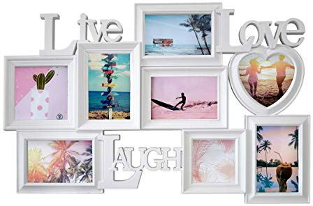 PrimoLiving Großer Bilderrahmen Live Love Laugh P-721 - Foto Collage Fotorahmen, weiß, 65x42cm groß - für 8 Bilder - zum Aufhängen