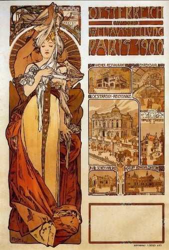 Alphonse Mucha Art Nouveau 'Austria' Greeting Card - Note Paper, Any Occasion 21 x 14.5 cm Cellophane Wrapped, With Envelope