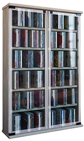 VCM CD Regal Holz | CD Schrank mit ESG-Sicherheitsglastüren für 300 CDs oder 130 DVDs 72-Videos | Maße: H. 92 x B. 60 x T. 18 cm | Elegantes DVD Regal | Blu ray Regal | CD Regal - Galerie