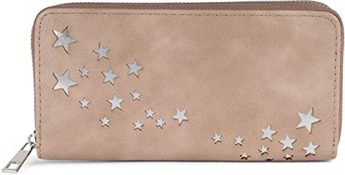 styleBREAKER Portefeuille Femme avec Découpes en Forme d'Étoiles Métalliques, Fermeture Éclair, Porte Monnaie, Couleur:Taupe