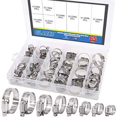 Glarks - Kit assortimento di morsetti a vite in acciaio inox 304, regolabili, gamma 8-44 mm, morsetti per tubo dell'acqua, per applicazioni idrauliche, automobilistiche e meccaniche